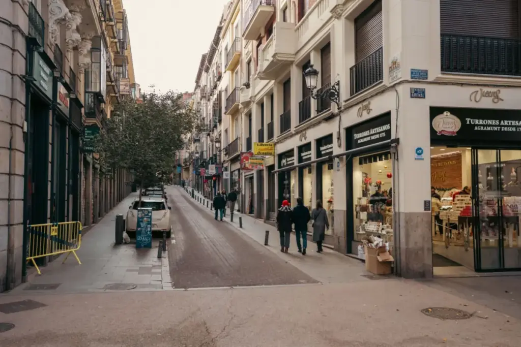Calle comercial del centro de Madrid con tiendas a pie de calle
